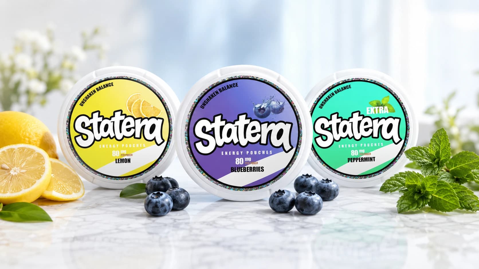 STATERA 80mg caffeine pouch cans in Lemon Blueberry and Peppermint